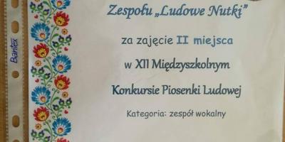 II miejsce w XII Miedzyszkolnym Konkursie Piosenki Ludowej
